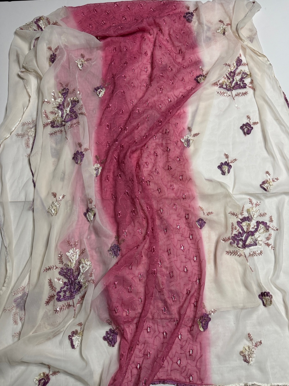 Embroidered Sheer Scarf in Rose Pink and Cream